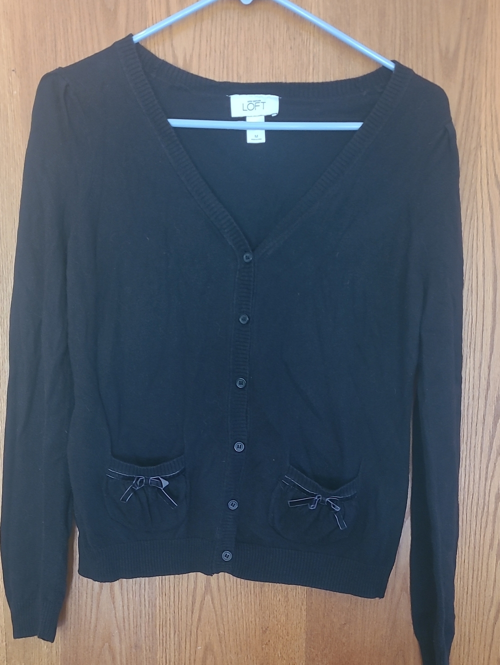 LOFT Black V-Neck Button Front Cardigan with Pocket Bows